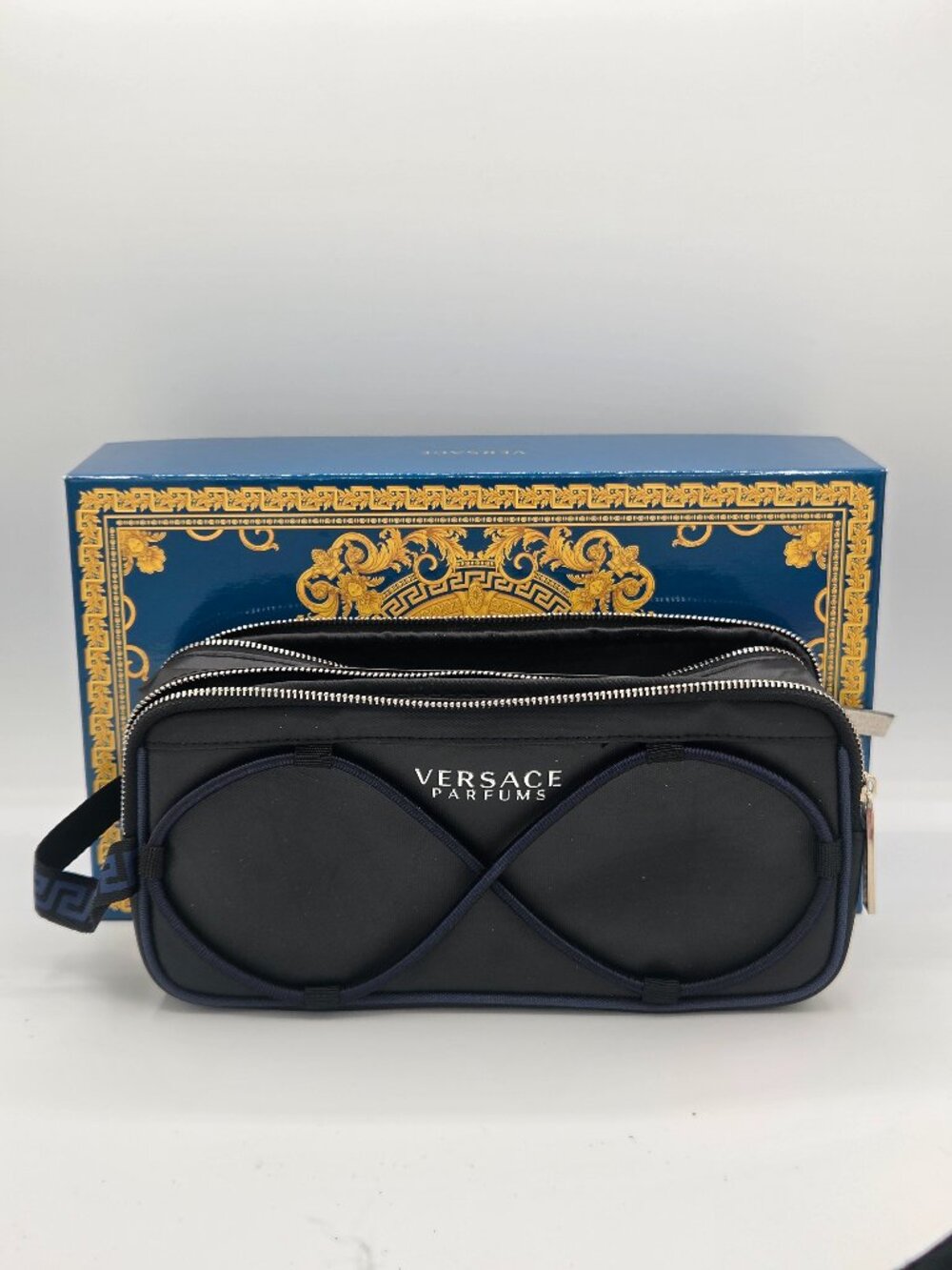 Versace Parfums Travel Toiletry Bag | Black Double Zip Cosmetic Organizer